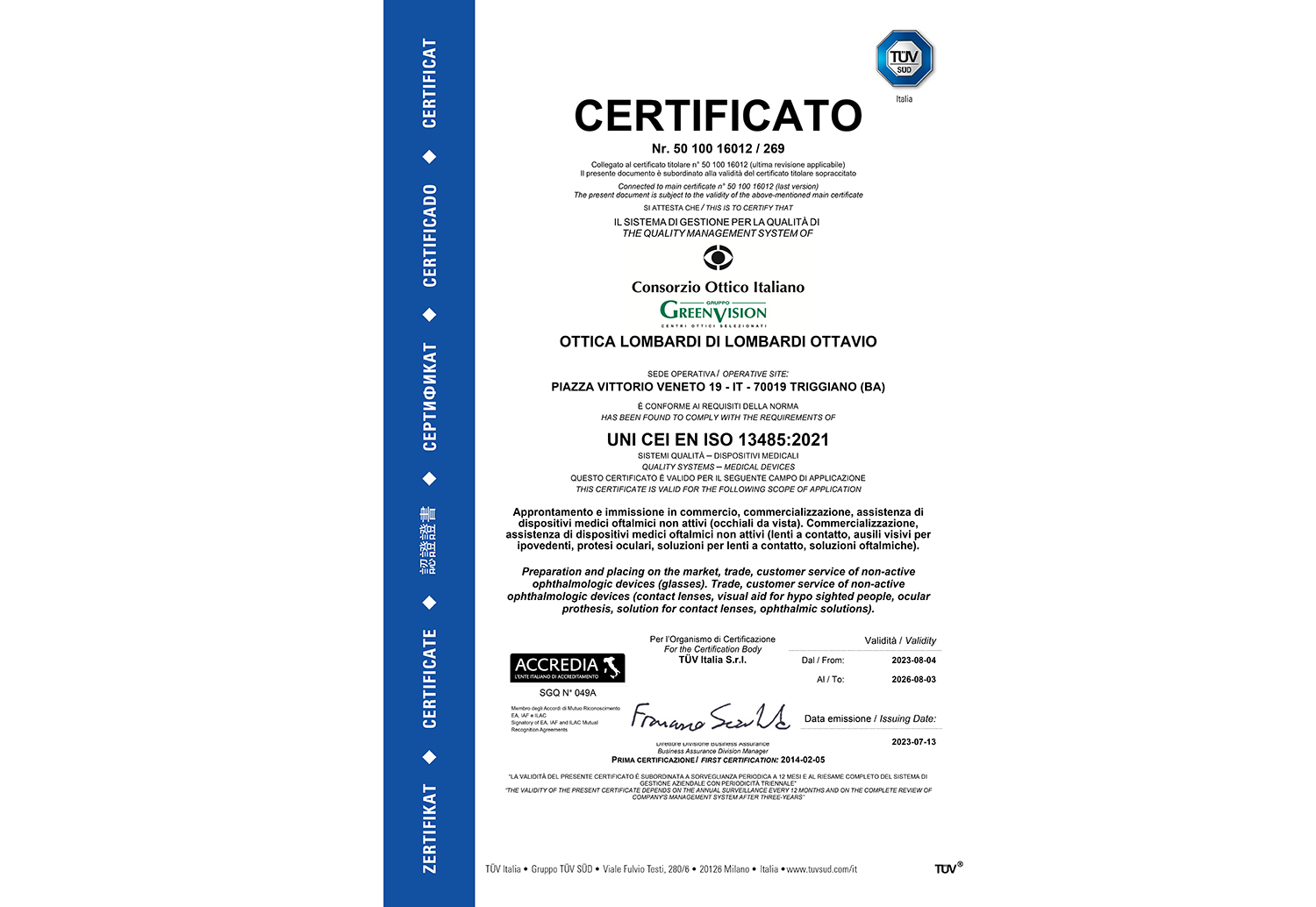TUV Certificato | Ottica Lombardi